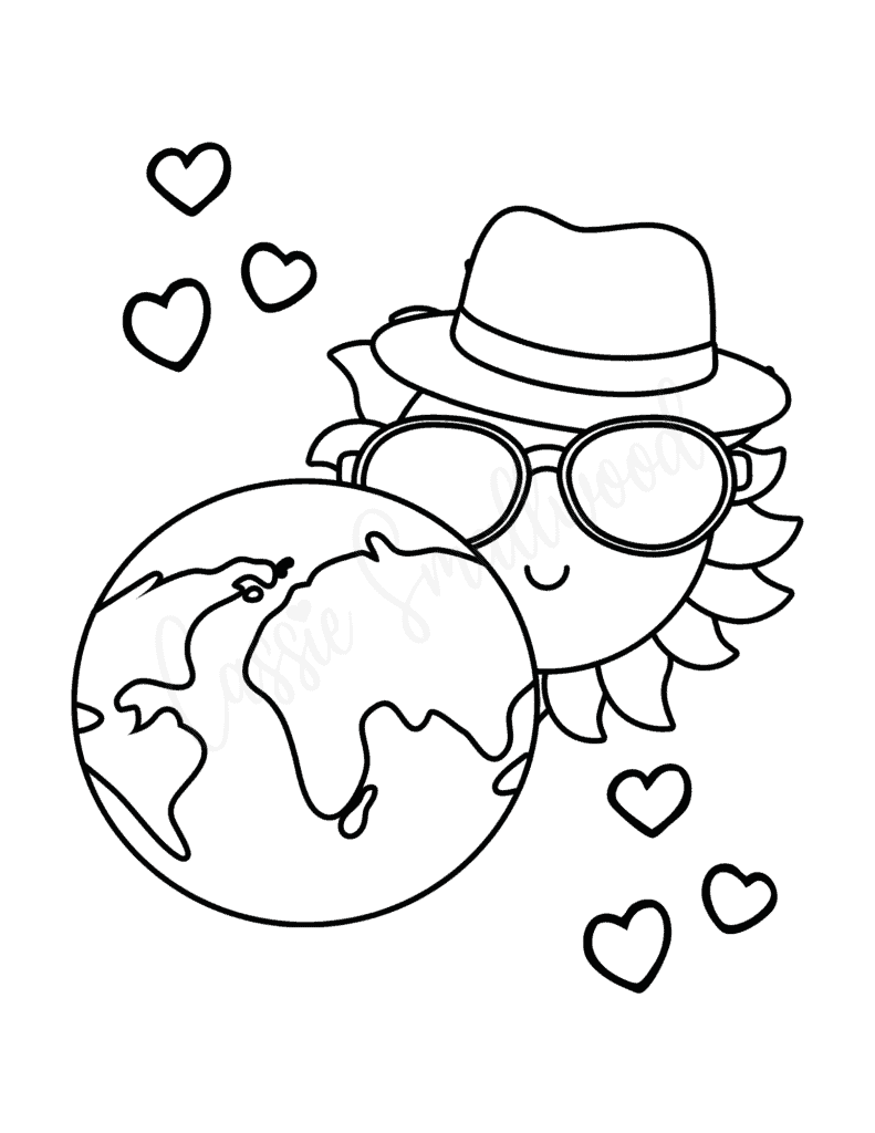 Sunshine coloring page with Earth and hearts