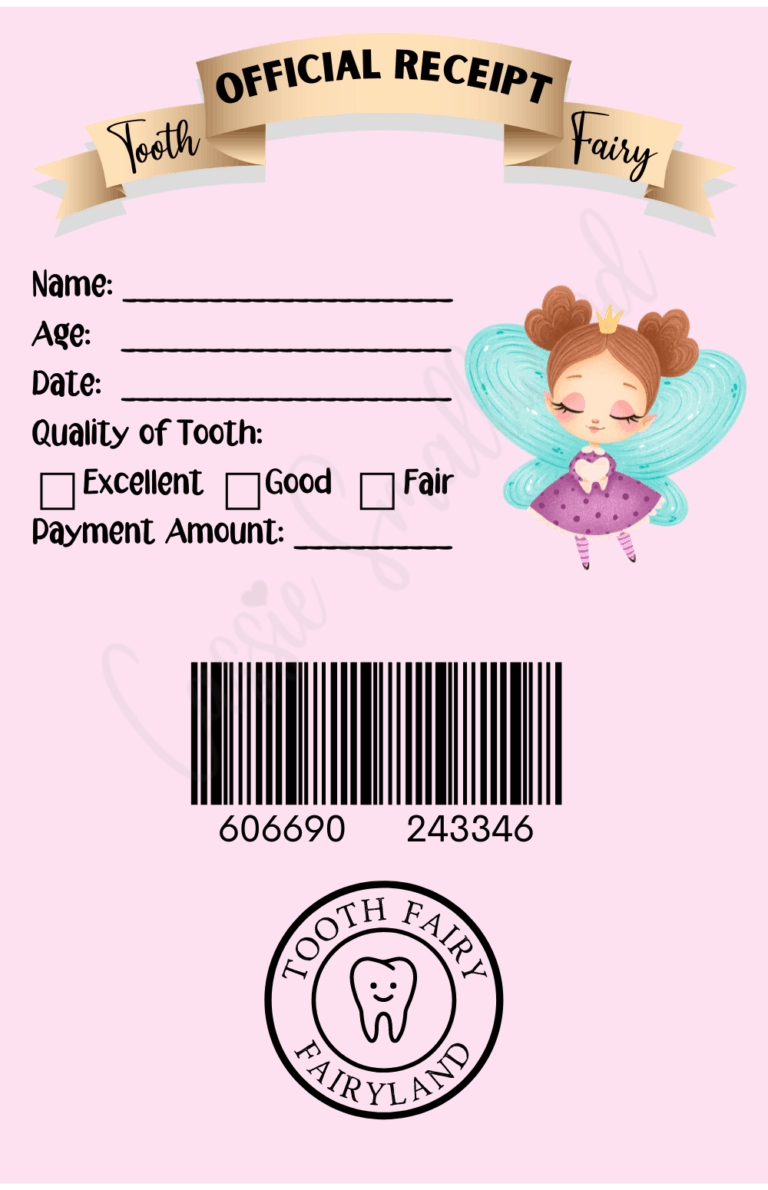 Printable Tooth Fairy Receipt For Girls