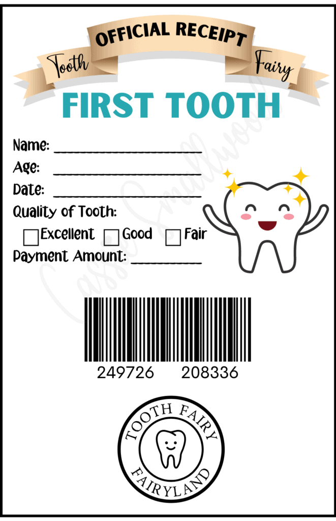 Tooth Fairy first tooth receipt template