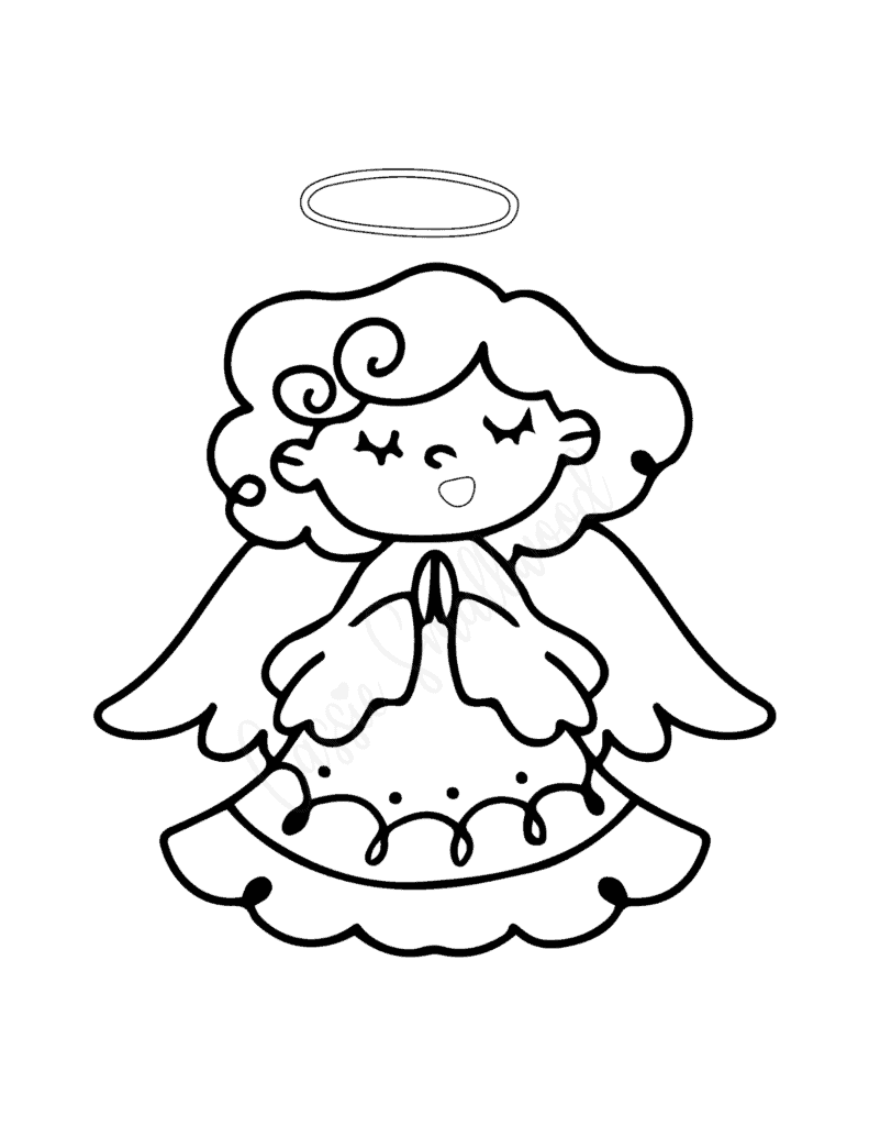free printable angel coloring page with wings and halo praying