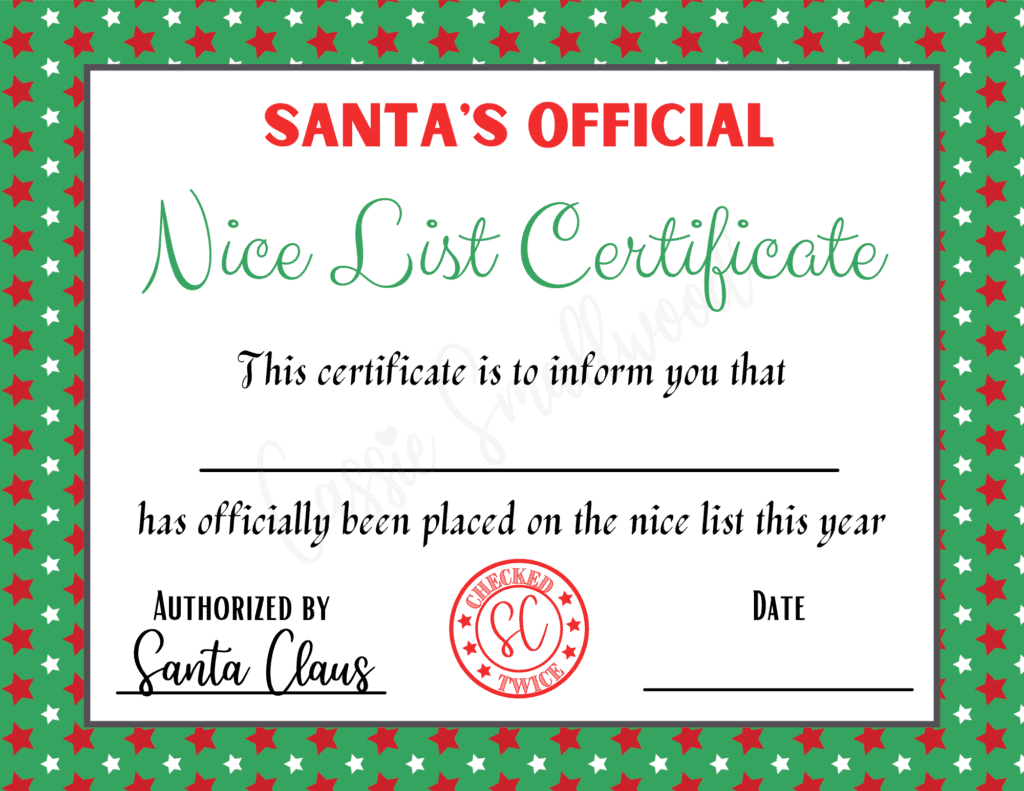 Free printable Santa nice list certificate