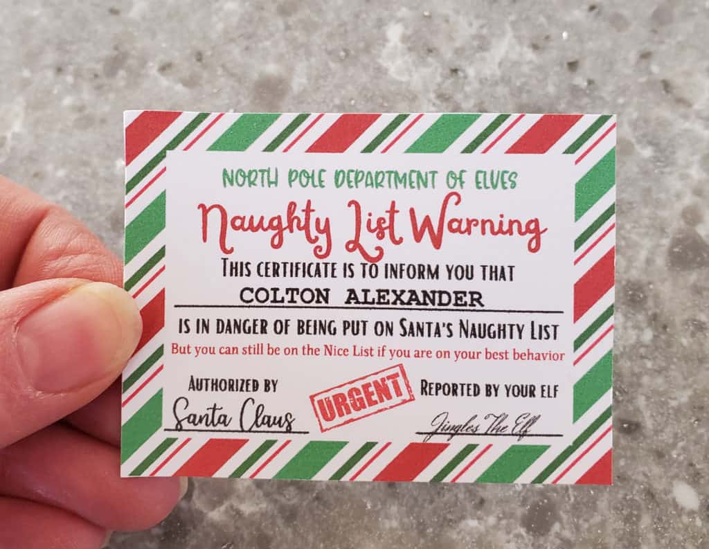 Tiny Santa naughty list warning certificate editable pdf