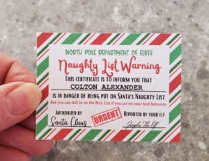 Tiny Santa naughty list warning certificate editable pdf