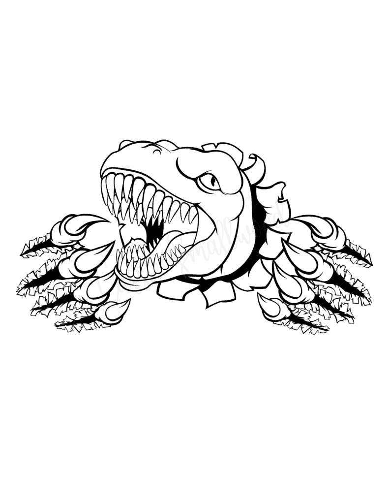 scary t rex coloring page with head and claws