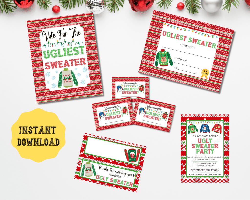 ugly sweater party set with invitation, voting game, and bag toppers