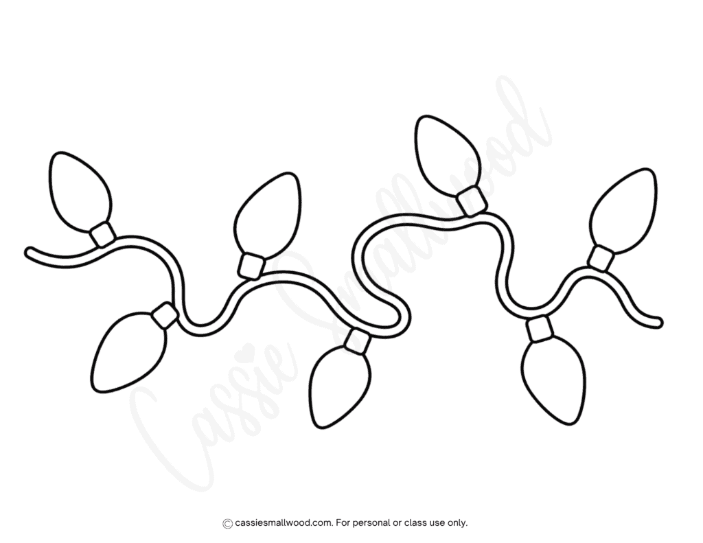 free printable strand of Christmas lights template pdf, string of Christmas lights template, Christmas lights coloring page for kids, Christmas lights outline, Christmas light bulb template