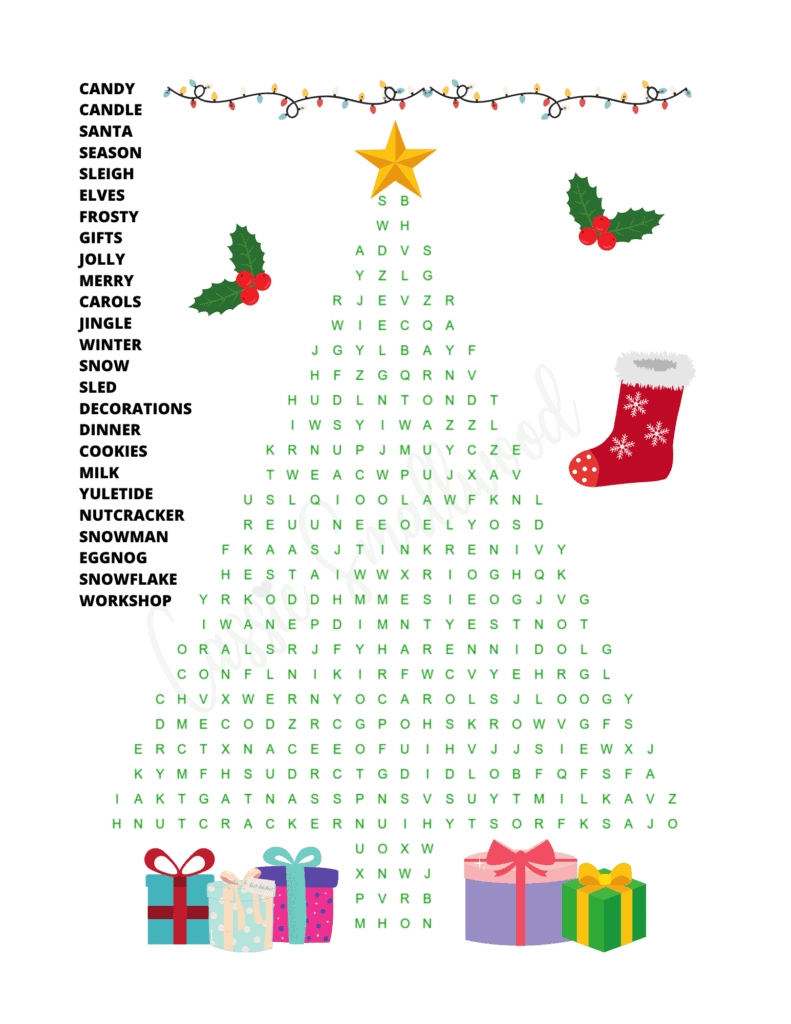 Christmas tree word search free printable