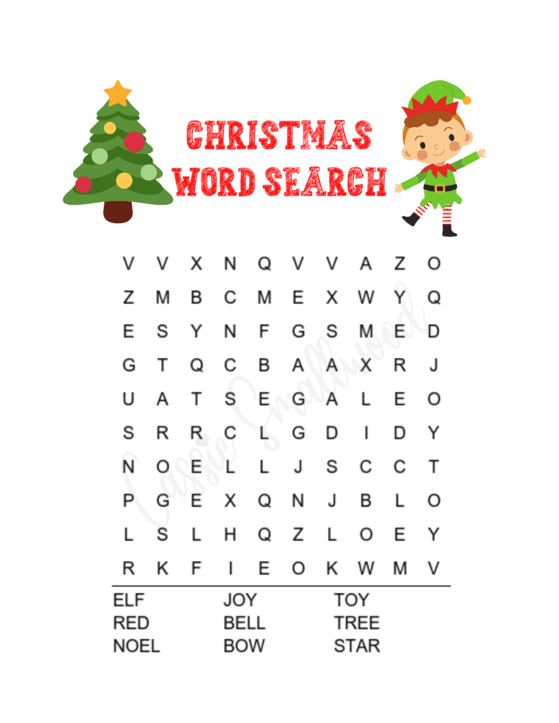 Easy Christmas word search for kindergarten and first grade