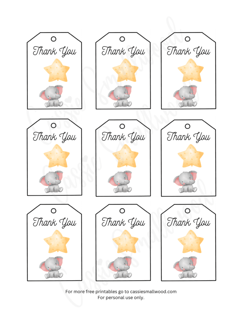 elephant thank you tags for baby shower or birthday party