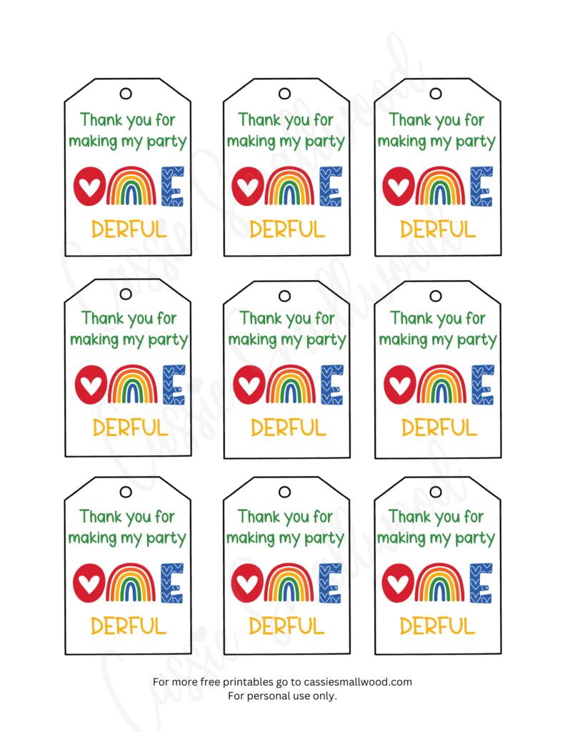 Free printable first birthday tags with rainbow