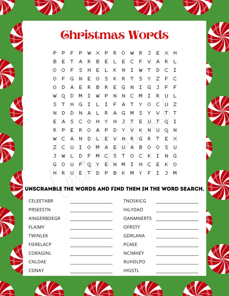 difficult Christmas word search with word scramble