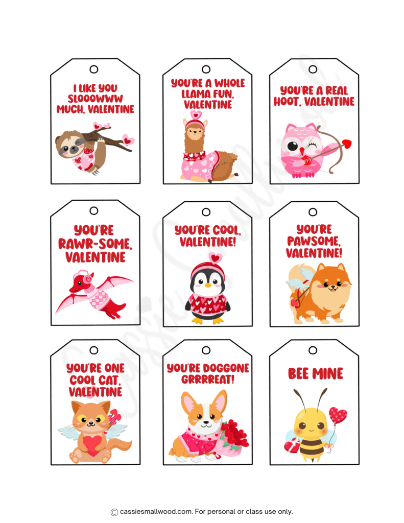 cute animal Valentine tags free printable pdf, simple Happy Valentine's Day gift tags for kids at school downloadable