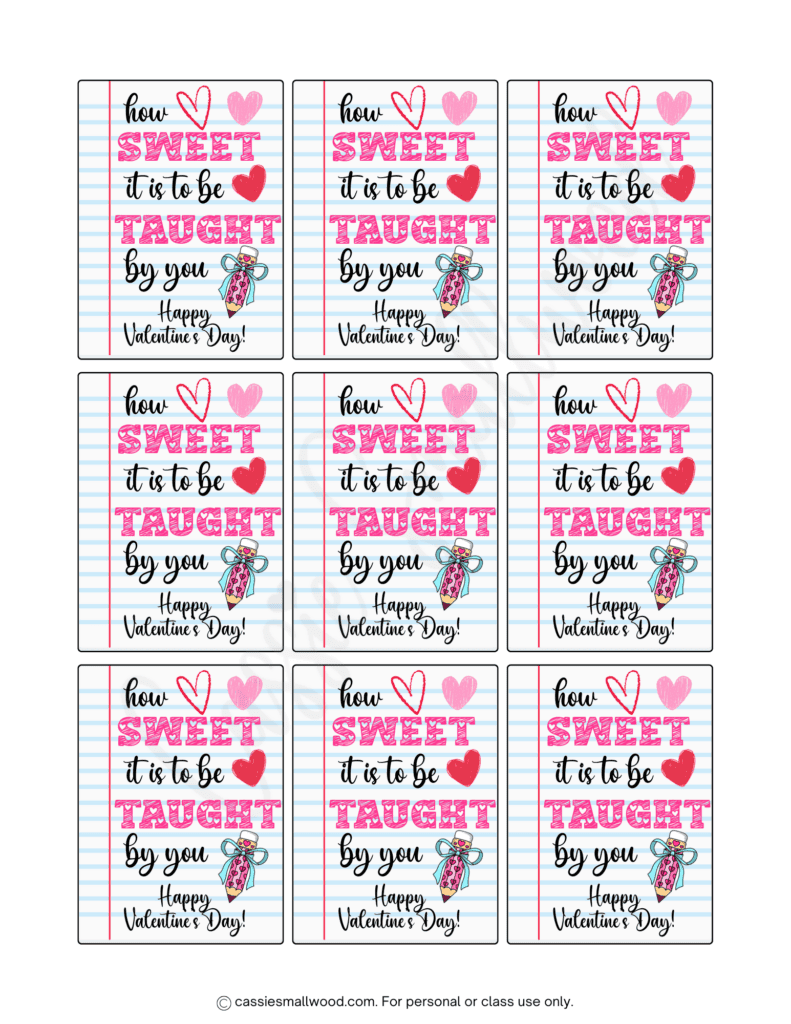 cute teacher Valentine's Day tags free printable pdf, how sweet it is to be taught by you happy valentine's day tags for teachers downloadable