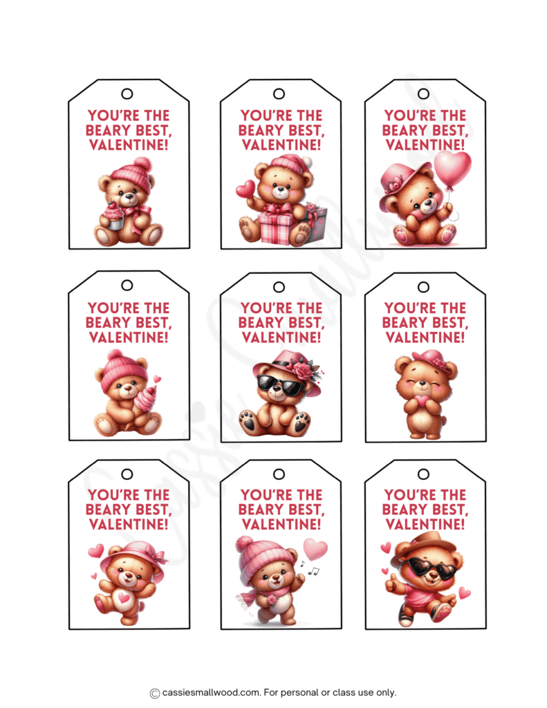 cute teddy bear Valentine's Day tags for kids free printable pdf, preschool Valentine tags for school downloadable
