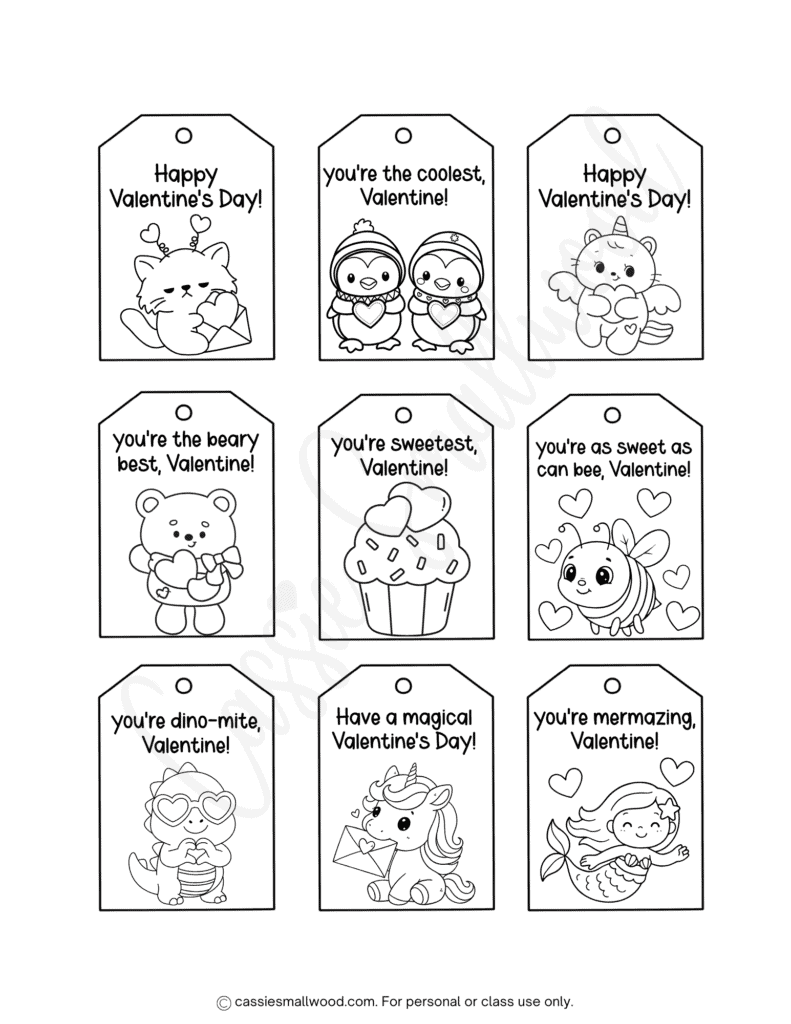 Valentine tags to color free printable pdf, Happy Valentine's Day coloring gift tags for kids, Unicorn Valentine tags, dinosaur valentine tags, bee Valentine tags, cute Valentines tags for students