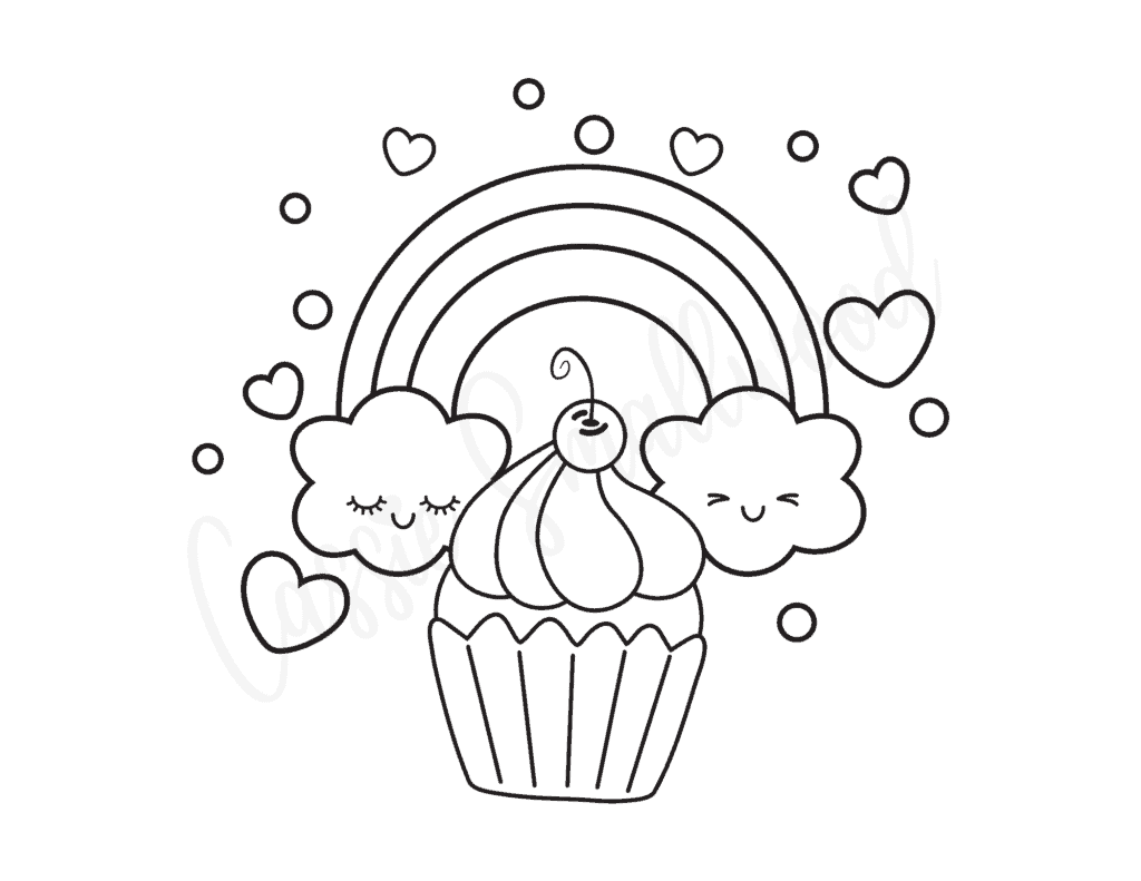 rainbow for coloring with cupcake and hearts