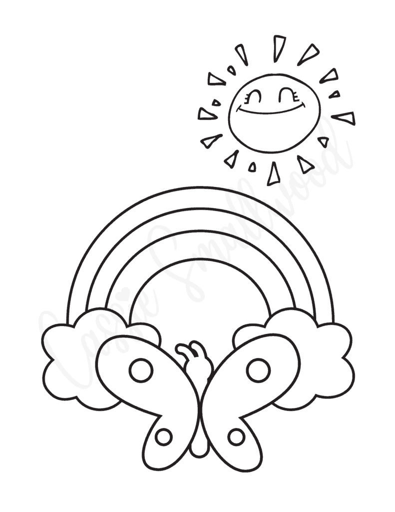 free printable rainbow to color with sun and butterfly