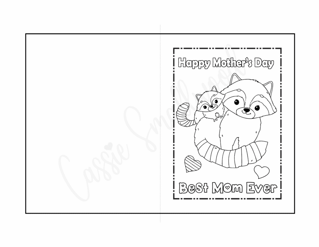 best mom ever mothers day card to color with raccoon mom and baby