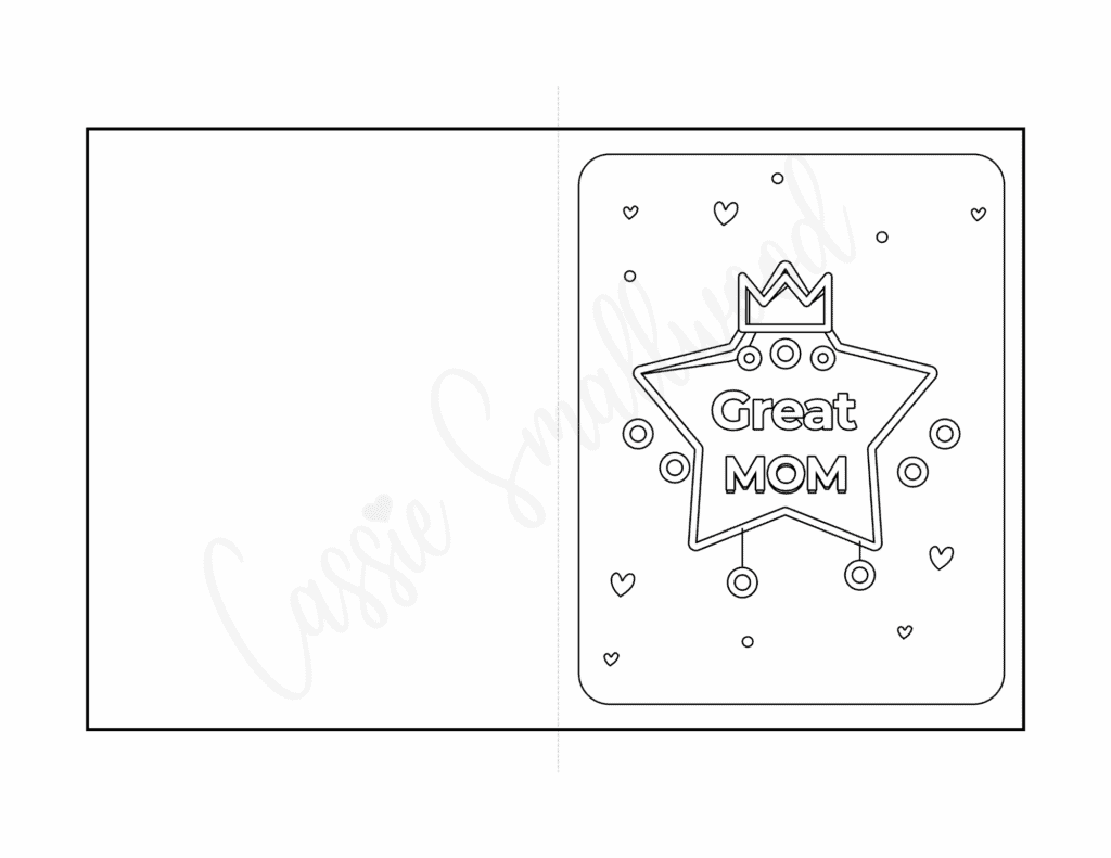 color your own mother's day card says Great Mom with a star and crown