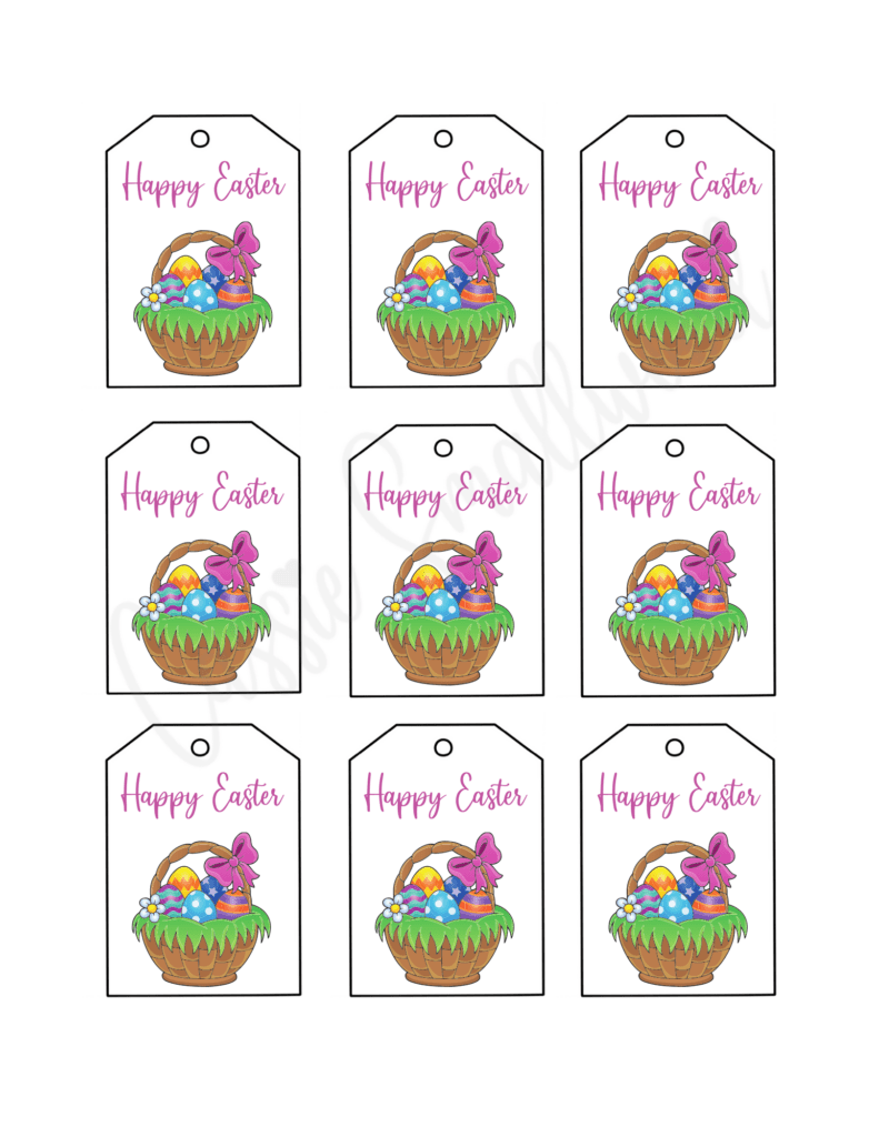 Free printable Easter basket tags that say Happy Easter