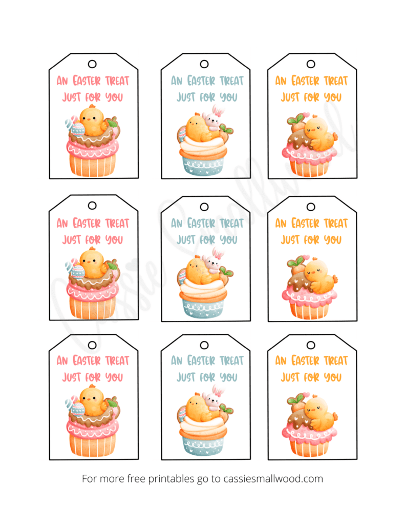 Easter goodie bag tags with Easter cupcakes