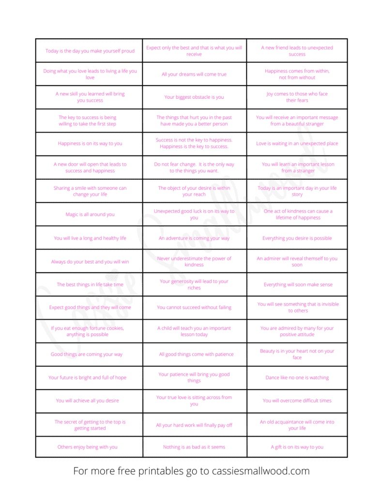 printable pink fortune cookie messages