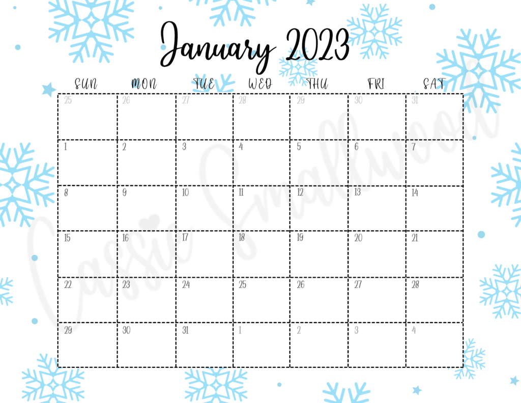 January 2023 printable calendar with snowflakes