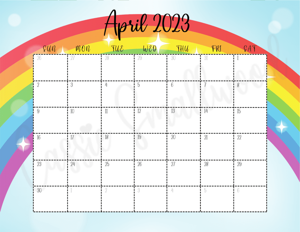 April 2023 Calendar free printable with rainbow