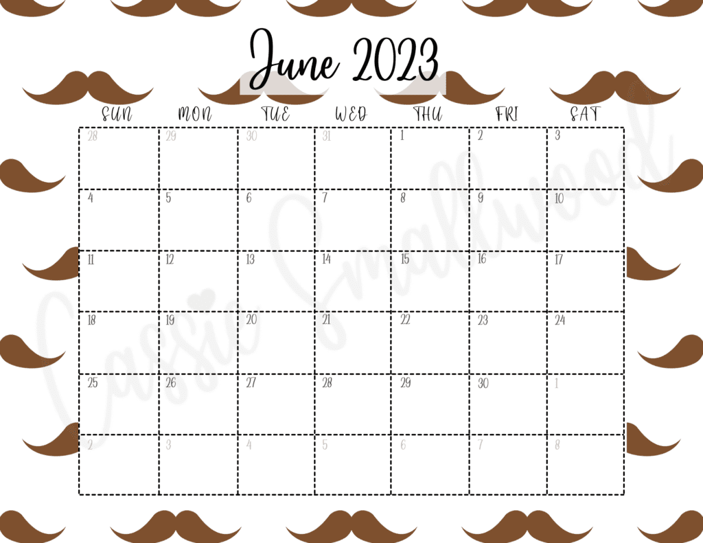 free printable June 2023 calendar with mustaches