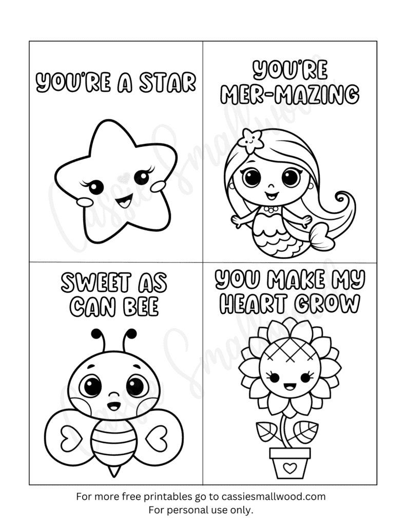 free Happy Valentines Day cards to color with star, bee, mermaid, and flower