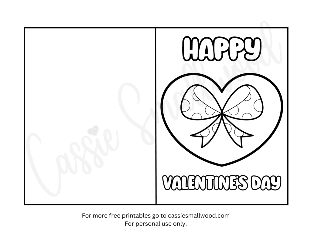 free printable Happy Valentines Day coloring card to download, heart with bow Valentine coloring page pdf download