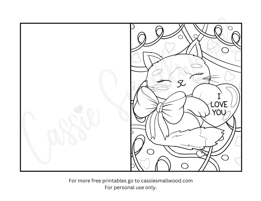 kitten with heart valentine's day card to color pdf