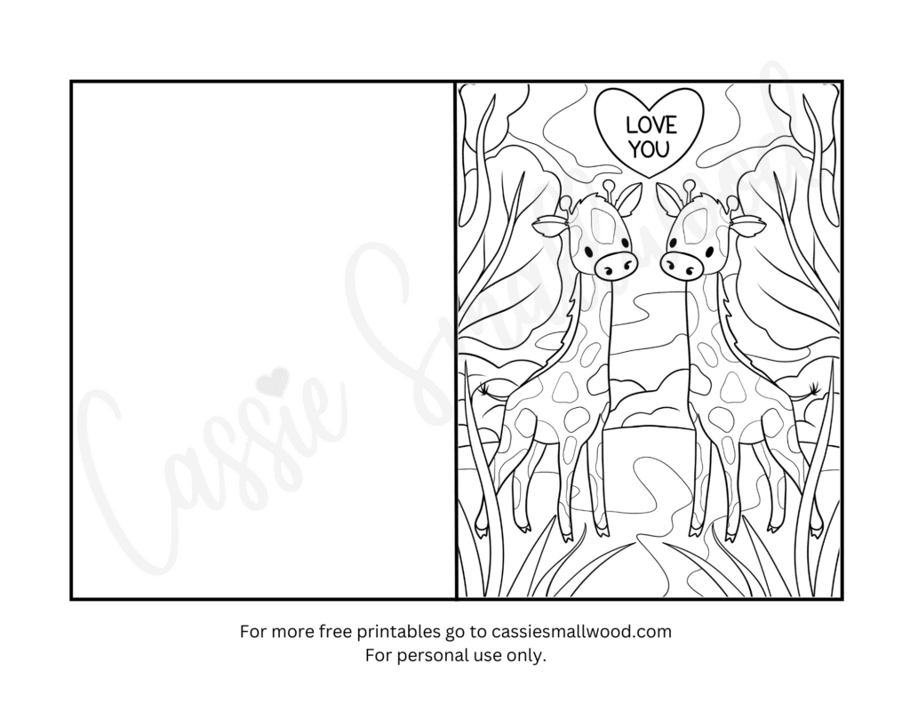 Love you card to color with two giraffes and a heart Valentine's Day coloring card foldable