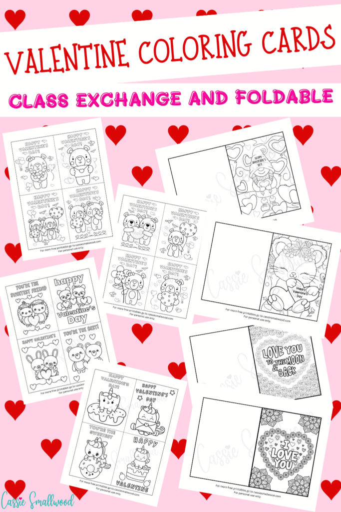 free printable Valentine's Day cards to color for class exchange and foldable Valentine cards