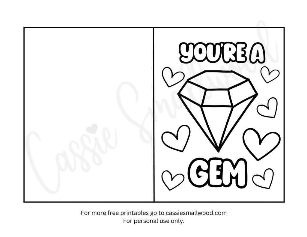 free printable Valentines Day card coloring sheet, You're a gem friend Happy Valentine's Day card to color downloadable pdf