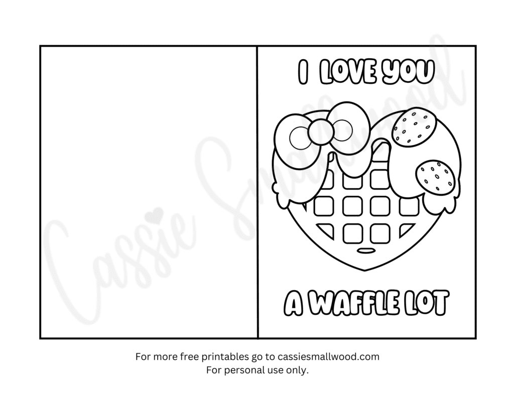 free printable Valentine's Day card to color with waffle, I love you coloring page, I love you a waffle lot coloring card Valentines day printable pdf download