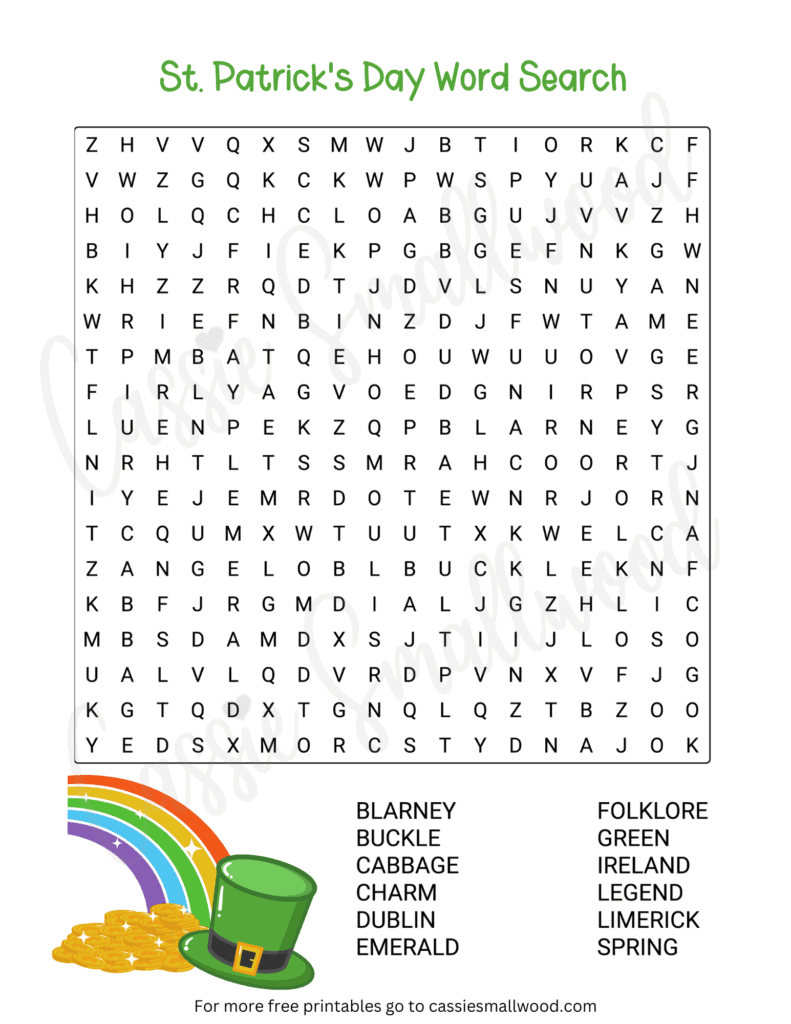St. Patrick's word search puzzle with rainbow, gold and leprechaun hat