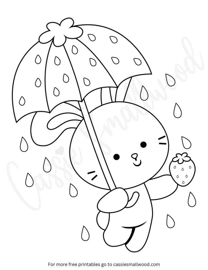 Easy Easter print out to color in free printable pdf bunny with umbrella and strawberry coloring sheet