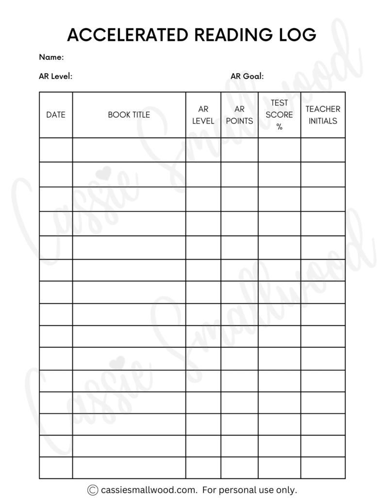 AR reading log free printable