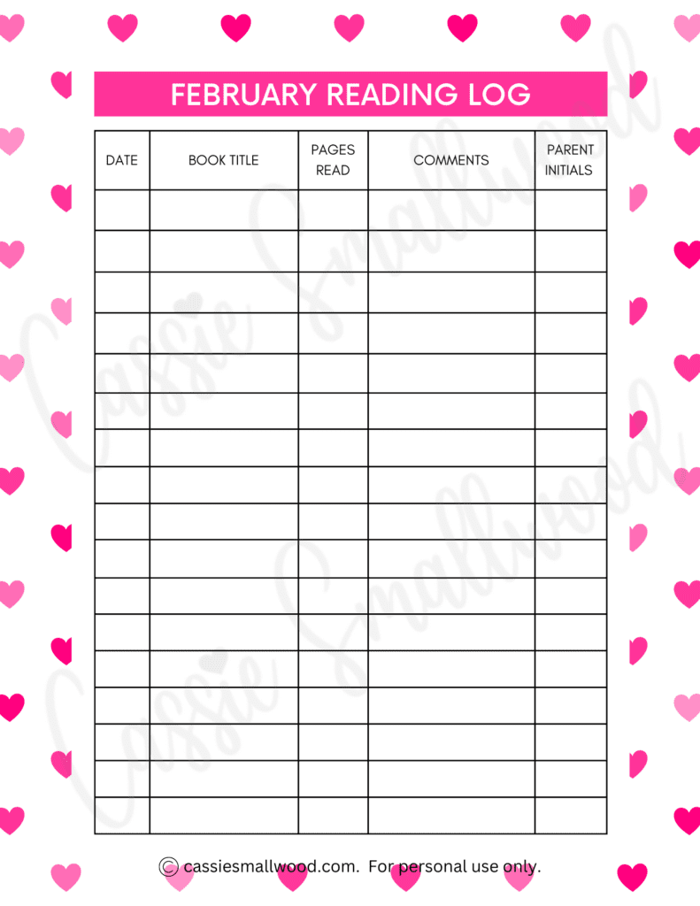 February Student Reading log free printable pdf with parent initials