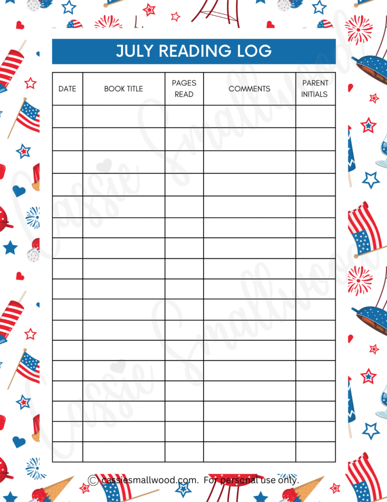 Free printable July summer reading log with parent initials