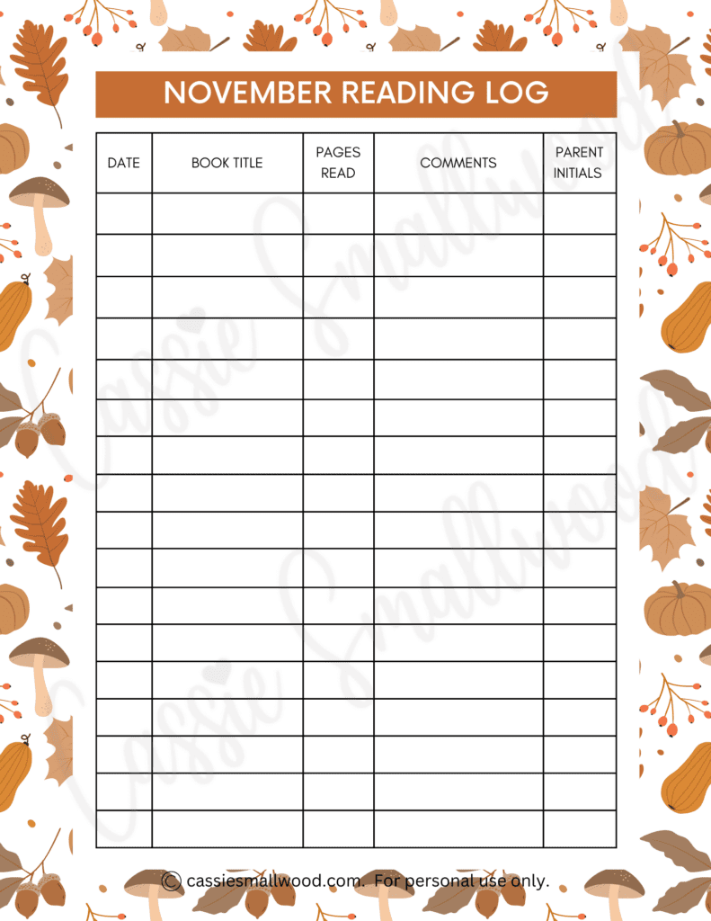 November reading log free printable pdf