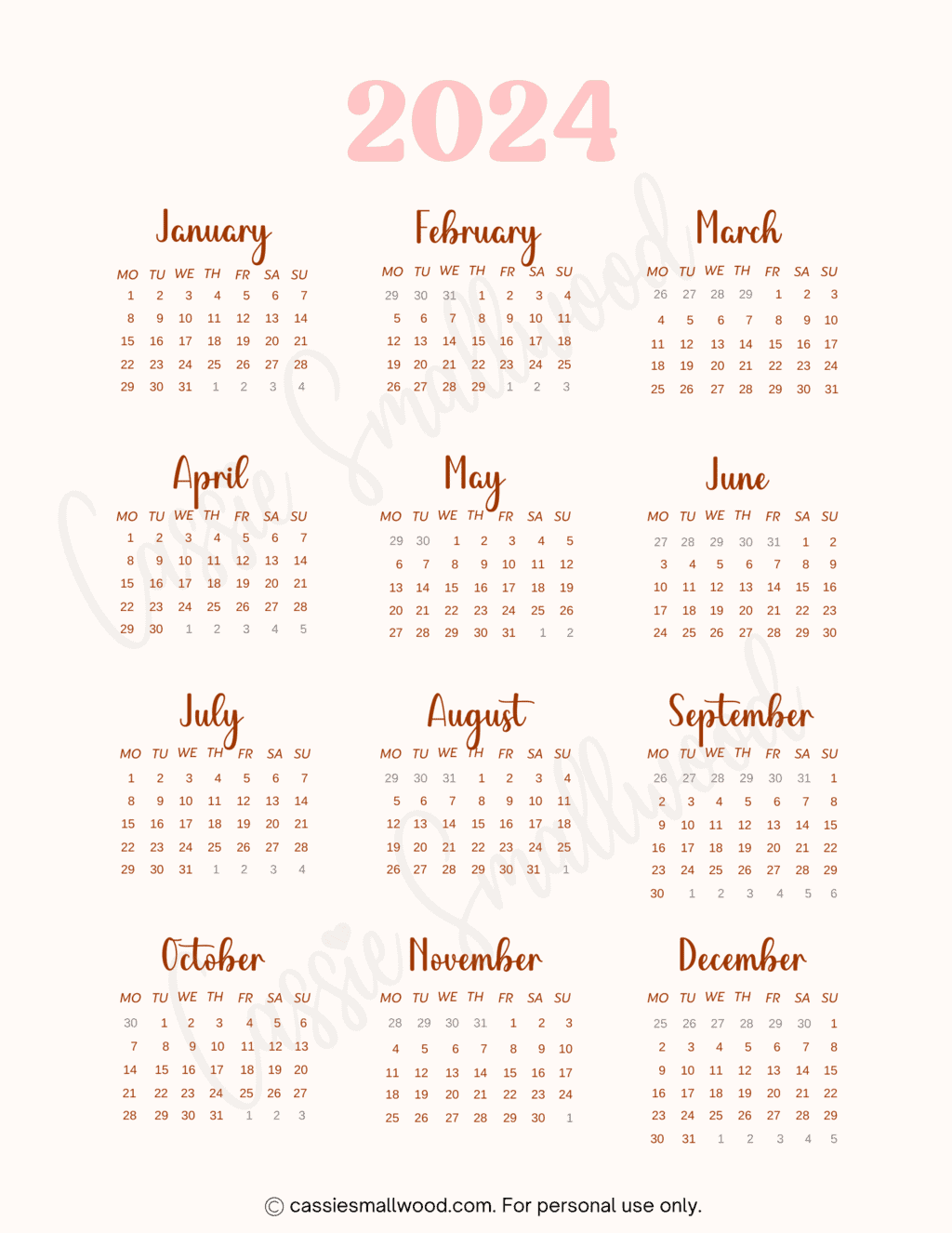 Cute Free Printable Monthly Calendar 2024 - Cassie Smallwood