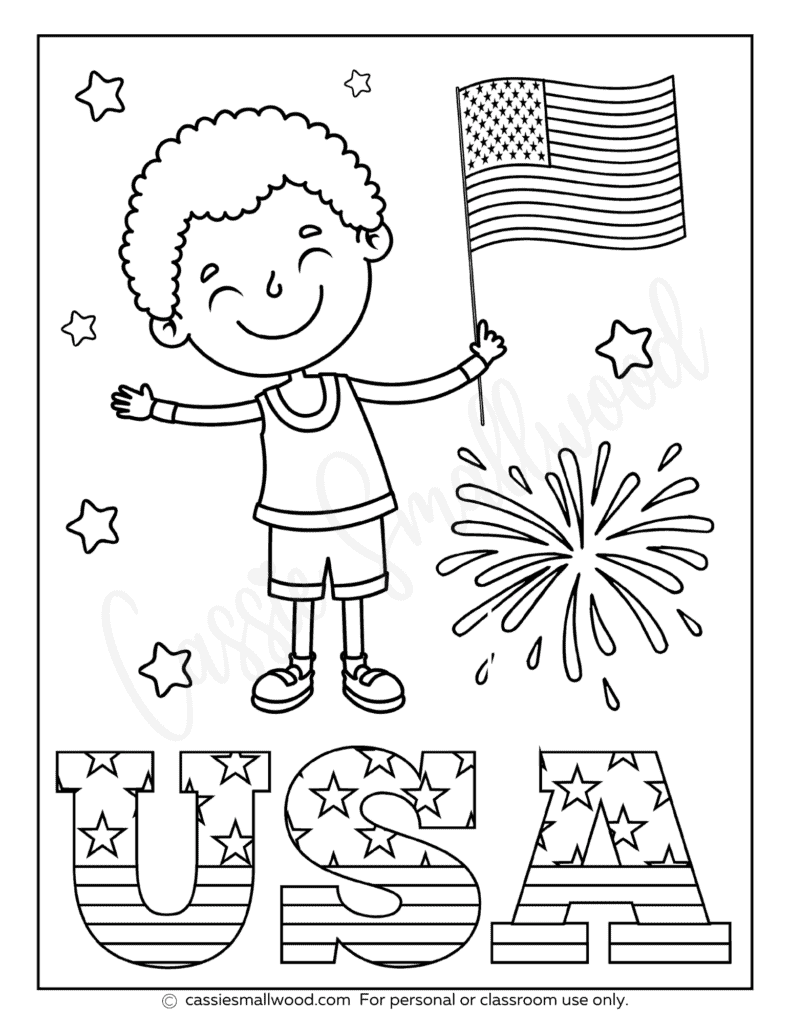 free printable boy USA flag coloring sheet 4th of July coloring page