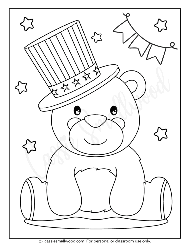 easy 4th of July coloring sheet free printable pdf with teddy bear wearing patriotic hat for fourth of July
