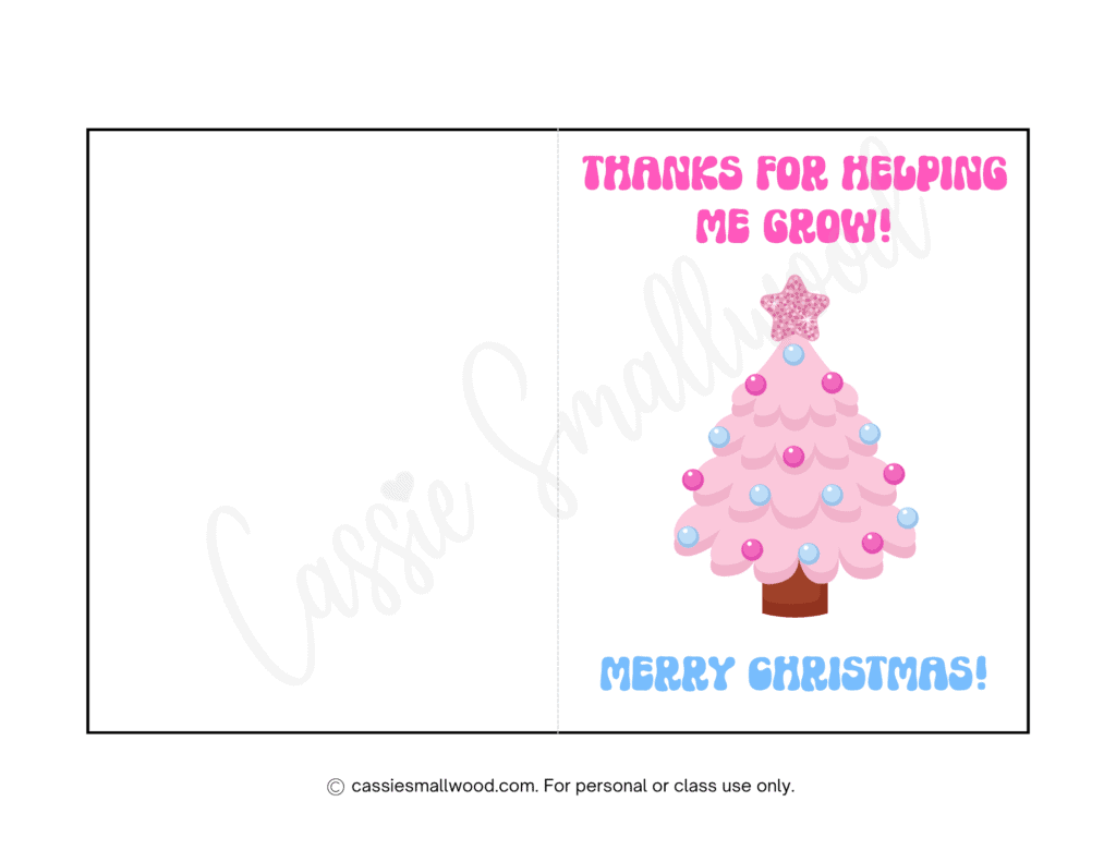 Christmas thanks for helping me grow card free printable pdf Teacher Christmas card Teacher thank you card holiday
