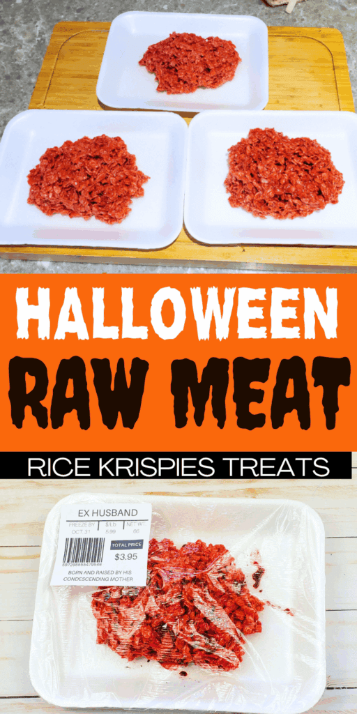 Mystery meat red rice crispy treats recipe for Halloween dessert, fake ground meat patties marshmallow cereal treats