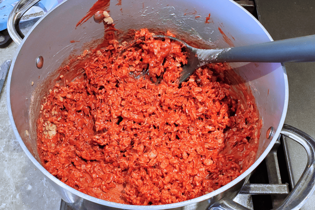 raw meat rice krispies halloween treats Rice crispy cereal mixed in with red velvet cake mix, melted marshmallows and butter