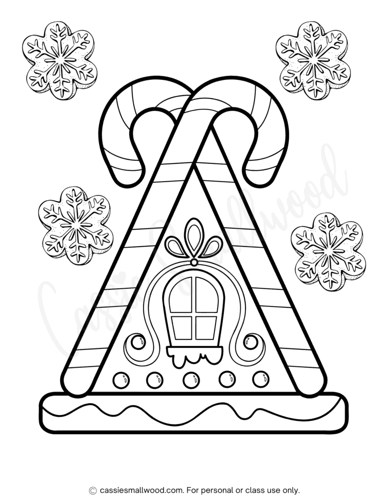 Candy cane gingerbread house coloring page free printable pdf cute Christmas picture to color for children winter holiday coloring sheets