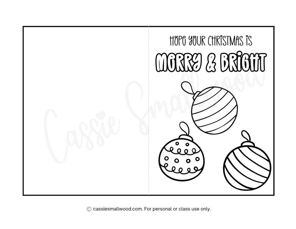 Merry and Bright Christmas coloring card free printable pdf Ornament Christmas card to color for kids Christmas card coloring sheet to print out and color in